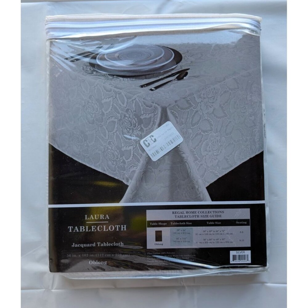 Laura Oblong Floral Jacquard Tablecloth Silver 56x102 Inches